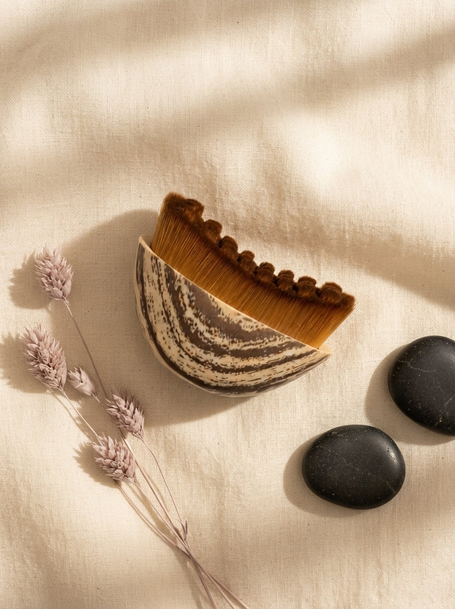 A luxury lymphatic drainage brush placed on a warm cream linen cloth with charcoal stone and pale mauve dried floral accents.